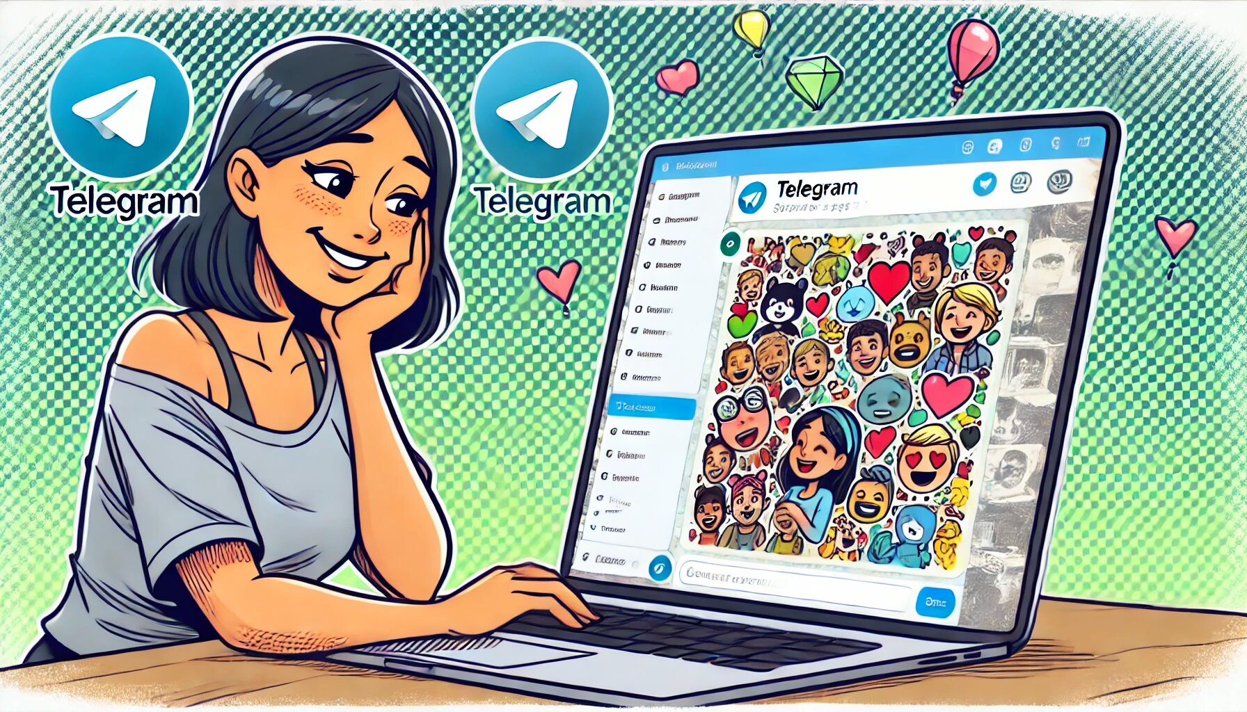 DALL·E 2025-03-05 13.32.18 - A comic-style drawing of a person looking at Telegram’s interface on a laptop. The screen displays a colorful group chat with lots of animated emojis,_proc.jpg