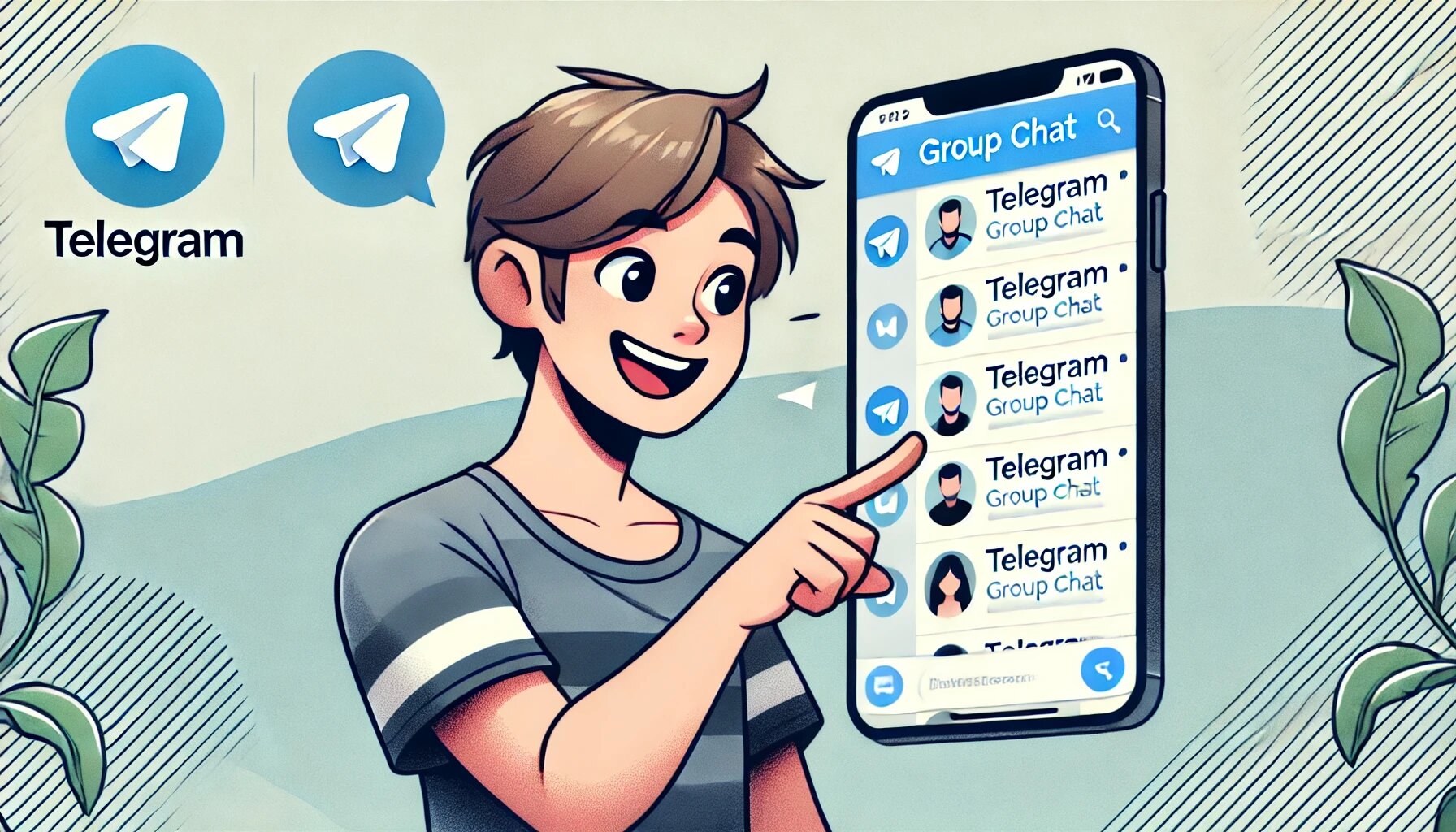 DALL·E 2025-03-06 15.09.41 - A cartoon-style drawing of a person browsing through Telegram's group chat feature. The character looks engaged and happy, with expressive facial feat_proc.jpg